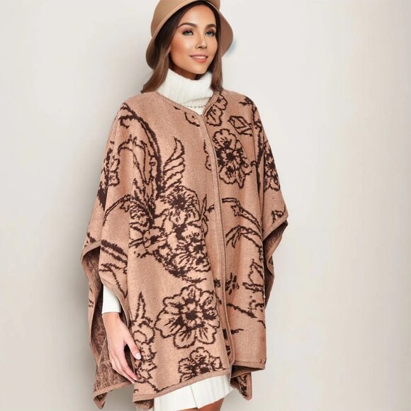Kimono Ruana Acrylic Camel Flower Knit - Picture 1 of 4